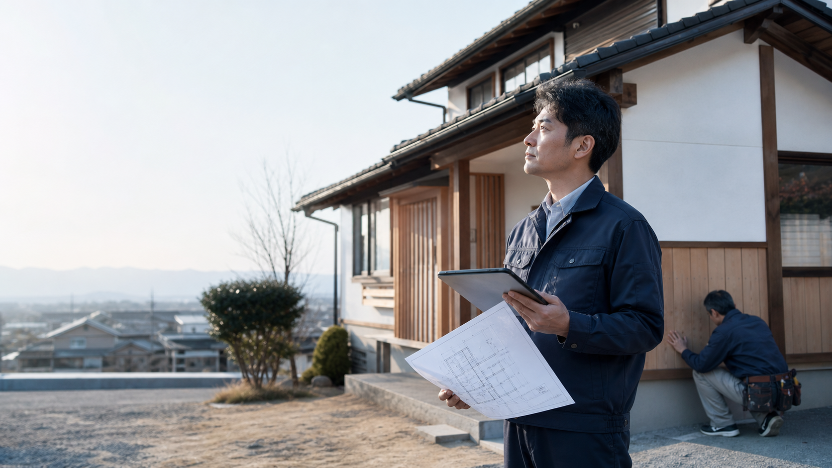 建築士が図面とタブレットを手に現地調査している様子